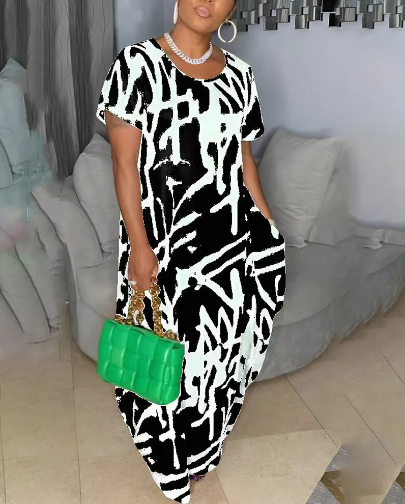 Plus Size Floral Dress Women Wide Print Pocket Elegant Cloth Lady Casual Long Robe 2023 Summer Trendy Evening Party New In Dress