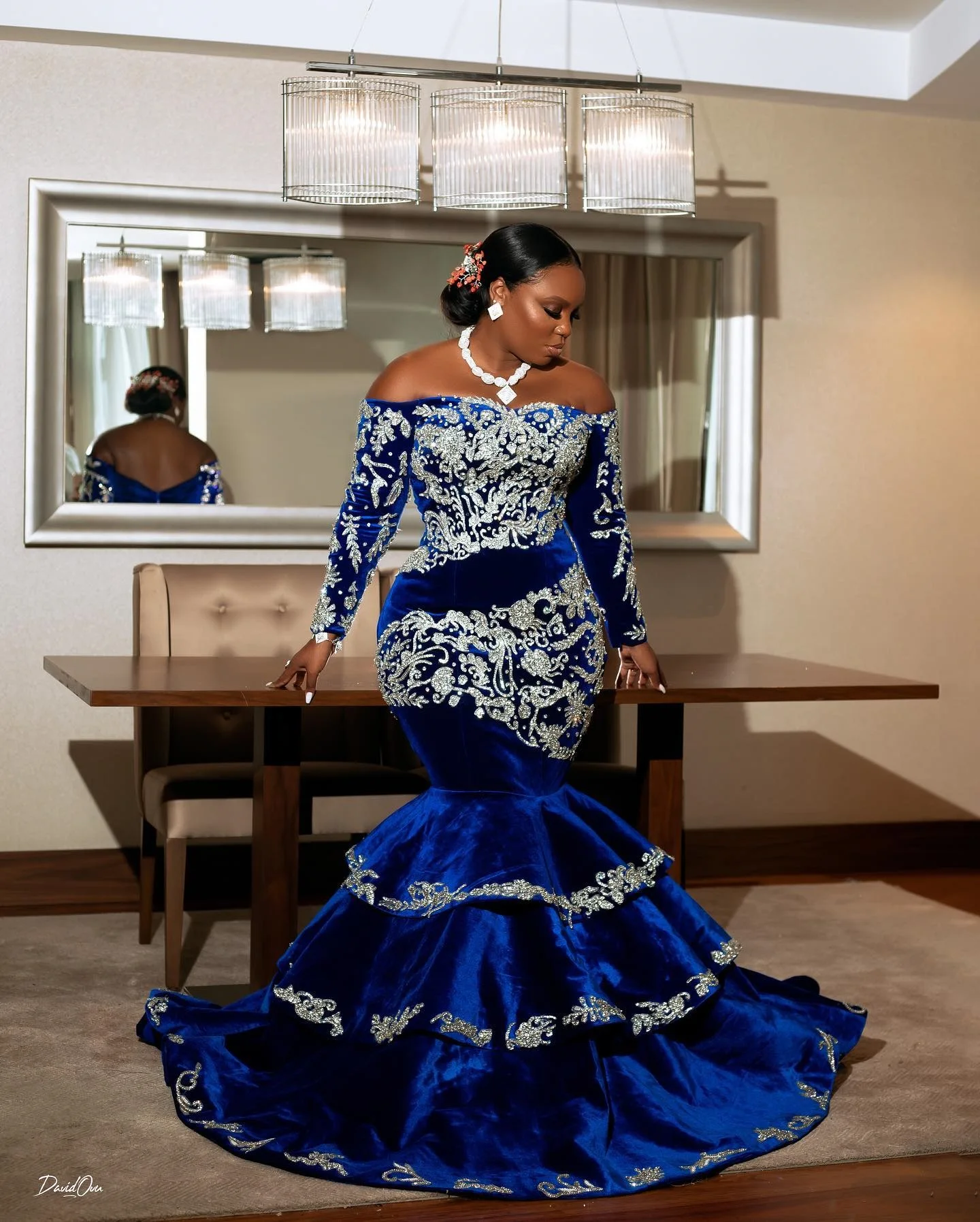 

African Traditional Royal Blue Wedding Bridal Dress Major Beaded Velvet Mermaid Prom Dresses Aso Ebi Women Formal Occasion Gowns