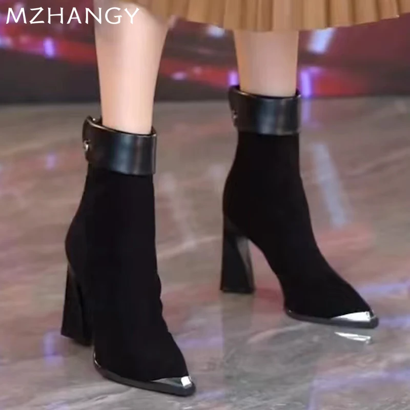 Женские замшевые ботинки-челси на высоком каблуке с острым носком