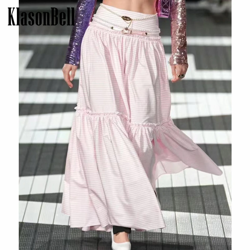 

7.7 KlasonBell Temperament Pink Striped Cotton Long Skirt Women