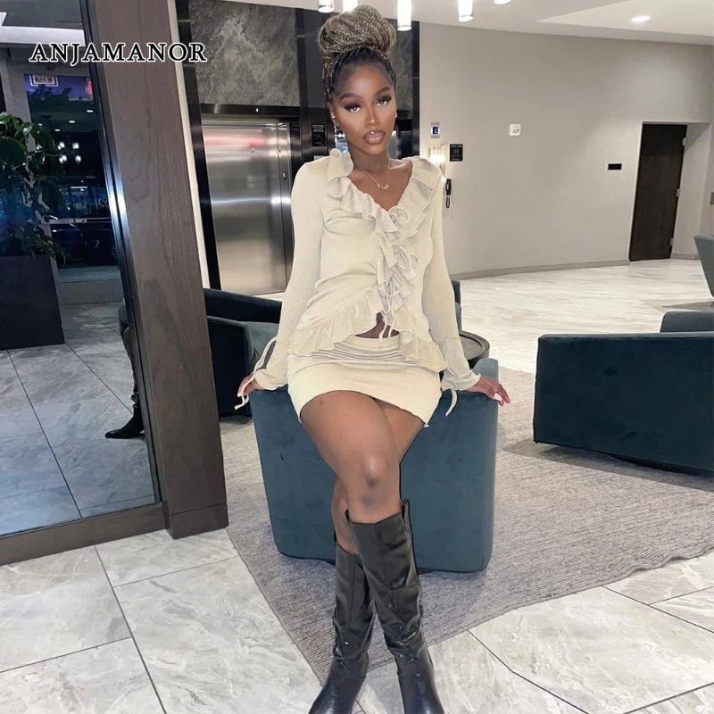 

ANJAMANOR Elegant Two Piece Set for Women Tie Up Ruffle Long Sleeve Top and Mini Skirt Matching Sets 2023 Fall Outfits D82-EZ50