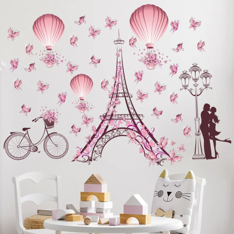 

Romantic Eiffel Tower wall Stickers Decals Living Room Bedroom Decoration Bicycle Flower Hot Air Balloon Wedding Decoration
