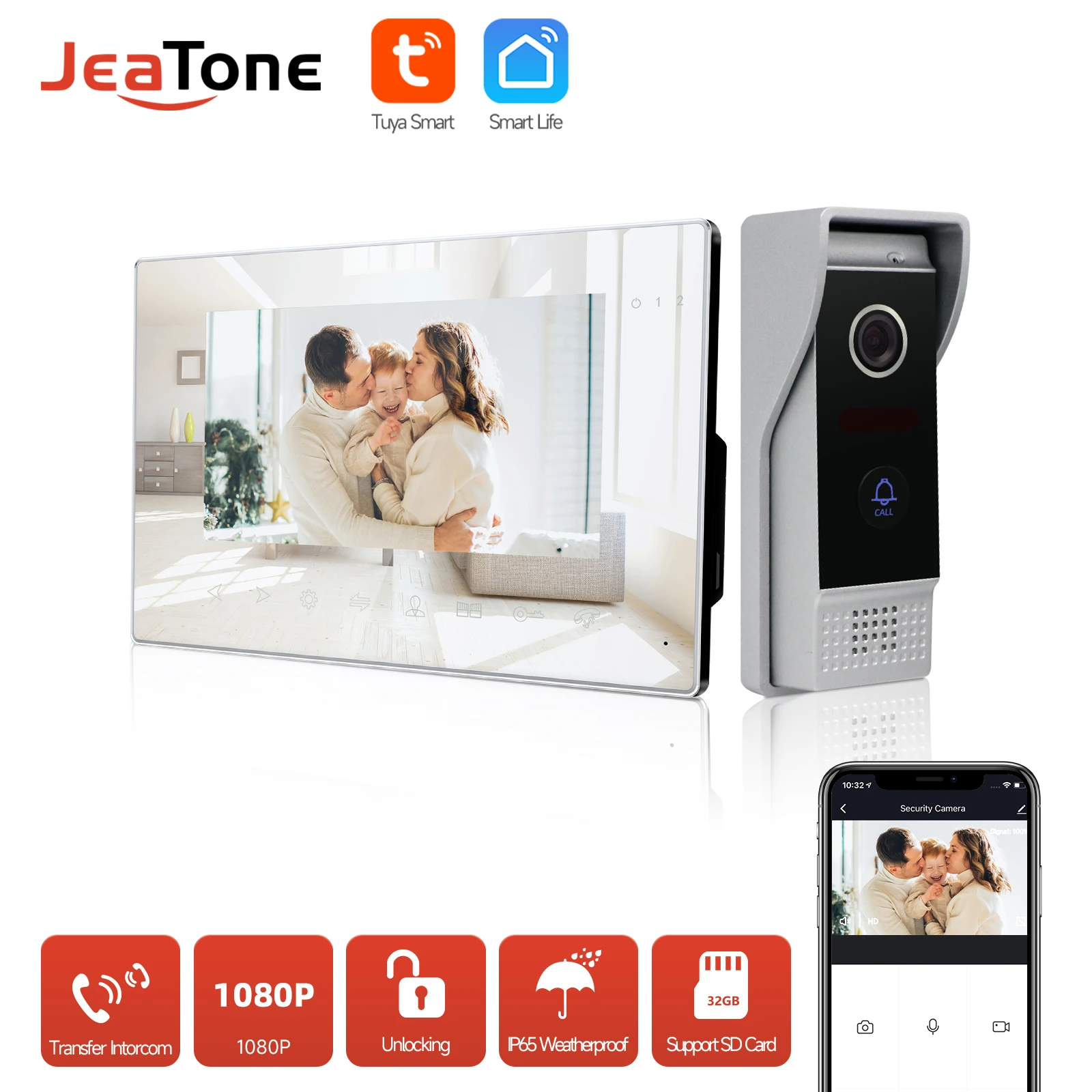 JEATONE Video Door Phone Tuya Home Intercom 1080P Outdoor Video Doorbell Camera with Talk, Monitor, Unlock, and IP65 Waterproof