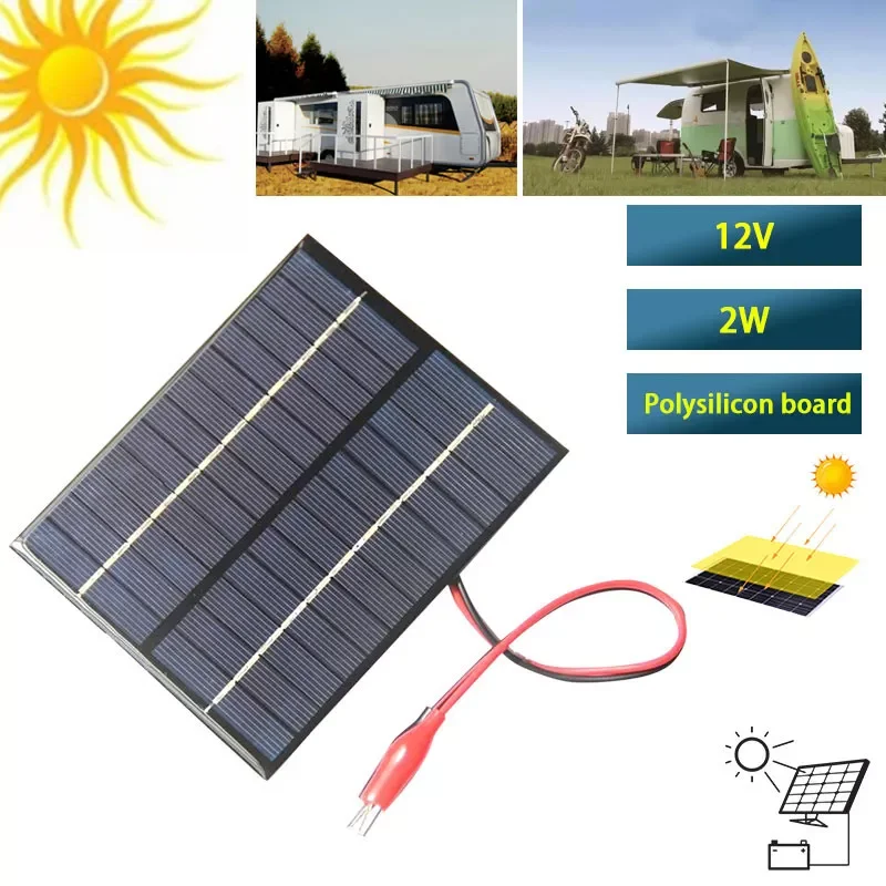 

2W 12V Solar Panel with Clip Charger Power Polycrystalline Silicon DIY Solar Cell Module Battery Waterproof For Outdoor Camp Car