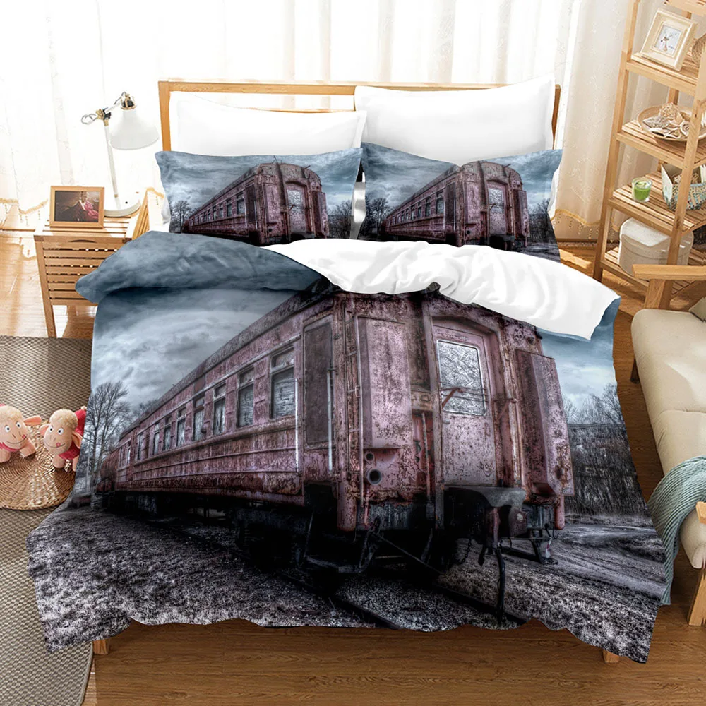 

Steam Engine Duvet Cover Set Transportation King Queen Full Size Polyester Bedding Set for Teen Boys Adult Living Room Old Train