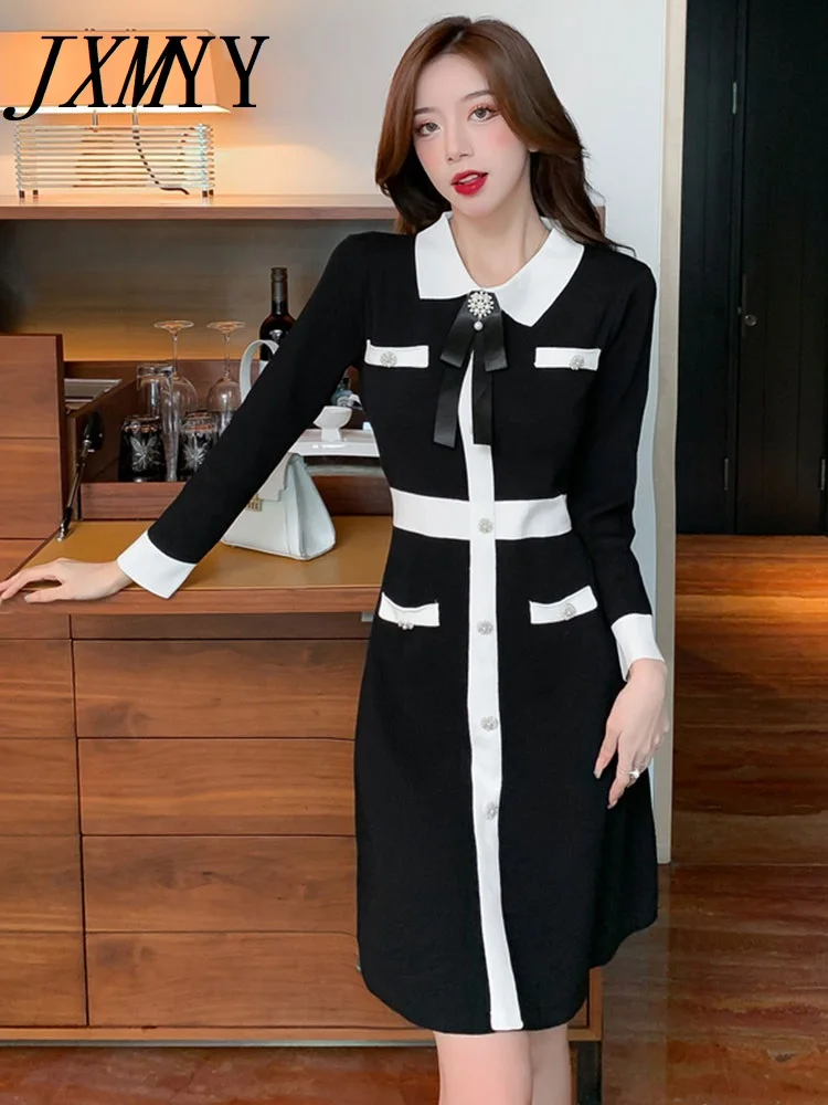 

JXMYY 2022 Autumn And Winter Fashion New Bow Elegant Temperament Sweater Knitted Contrast Color Dress Women's Clothing