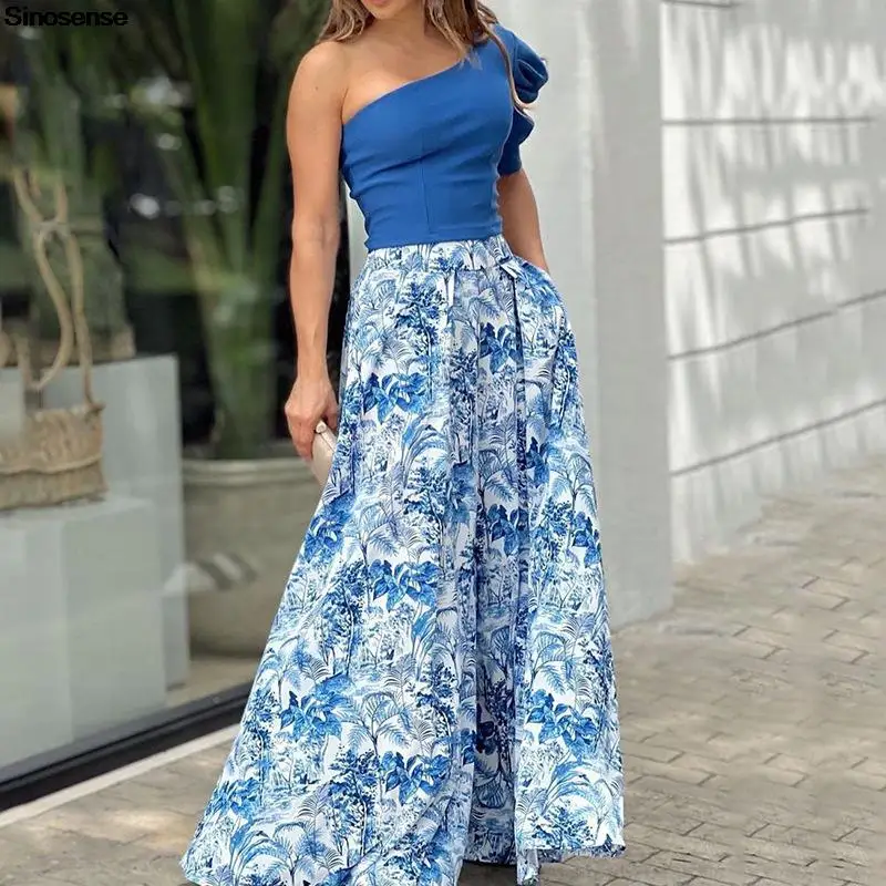 

Women 2 Two Piece Set Sexy One Shoulder Puff-Sleeve Top Floral Print Wide Leg Pants Mathcing Suits High Streetwear Club Outfits