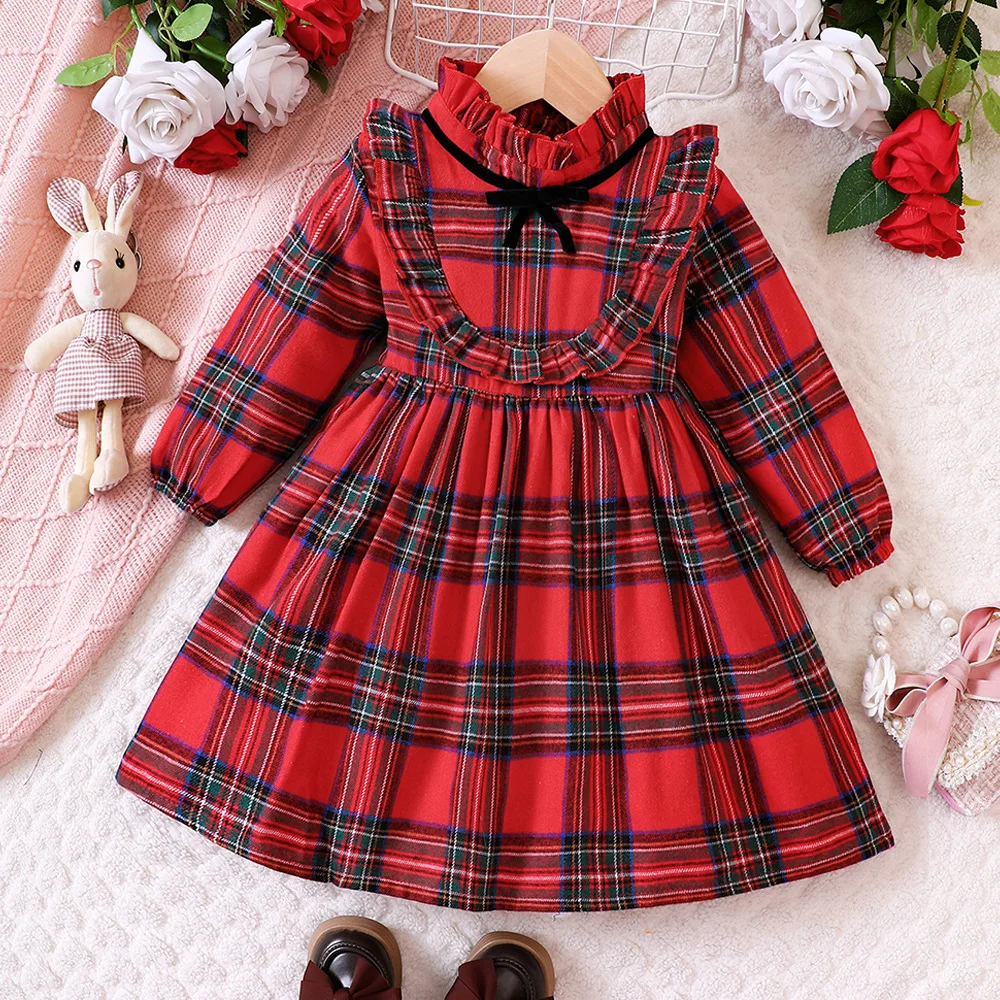 

Рождественские наряды для маленьких девочек, красное клетчатое платье с принтом, повседневные платья с длинным рукавом и оборками, детское платье принцессы