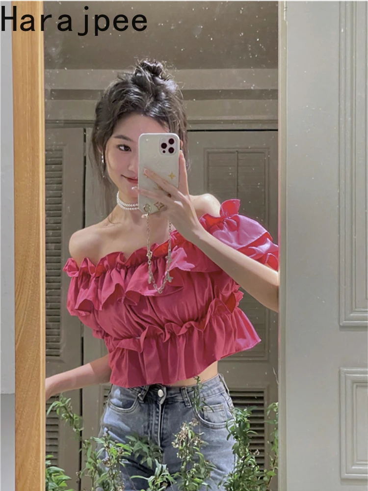 

Harajpee Ruffles Slash Neck Pullover Puff Sleeve Sweet Vintage Slim Shirt Korean Chic Summer New Solid Color Women Short Tops