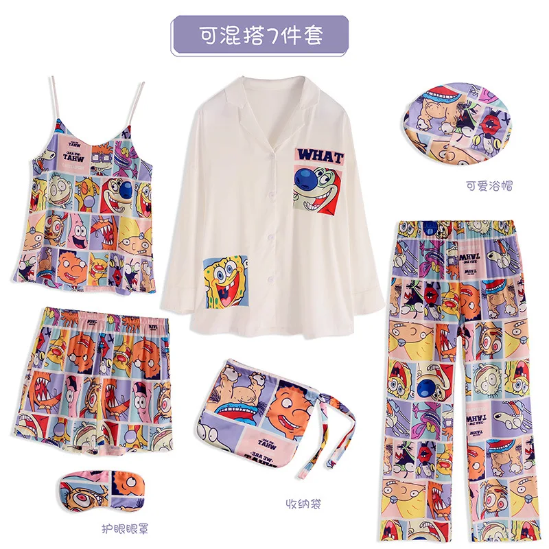 Women Loungewear Set Casual Home Wear Cartoon Lovely 7-pieces Pyjamas Set Summer Spring Pajama Set For Female Young Girl