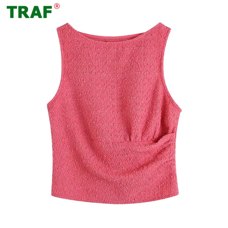 

TRAF Pink Crop Top Female Textured Pleated Blouses Women Sleeveless Beach Tops Women 2022 Summer Streetwear Woman Blouses Casual