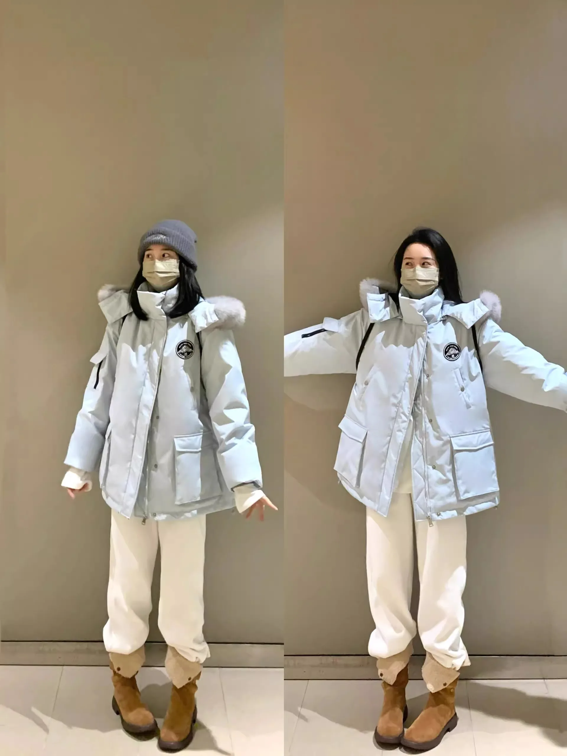 Пуховик-карго с большим меховым воротником одежда хлопковой подкладкой женская