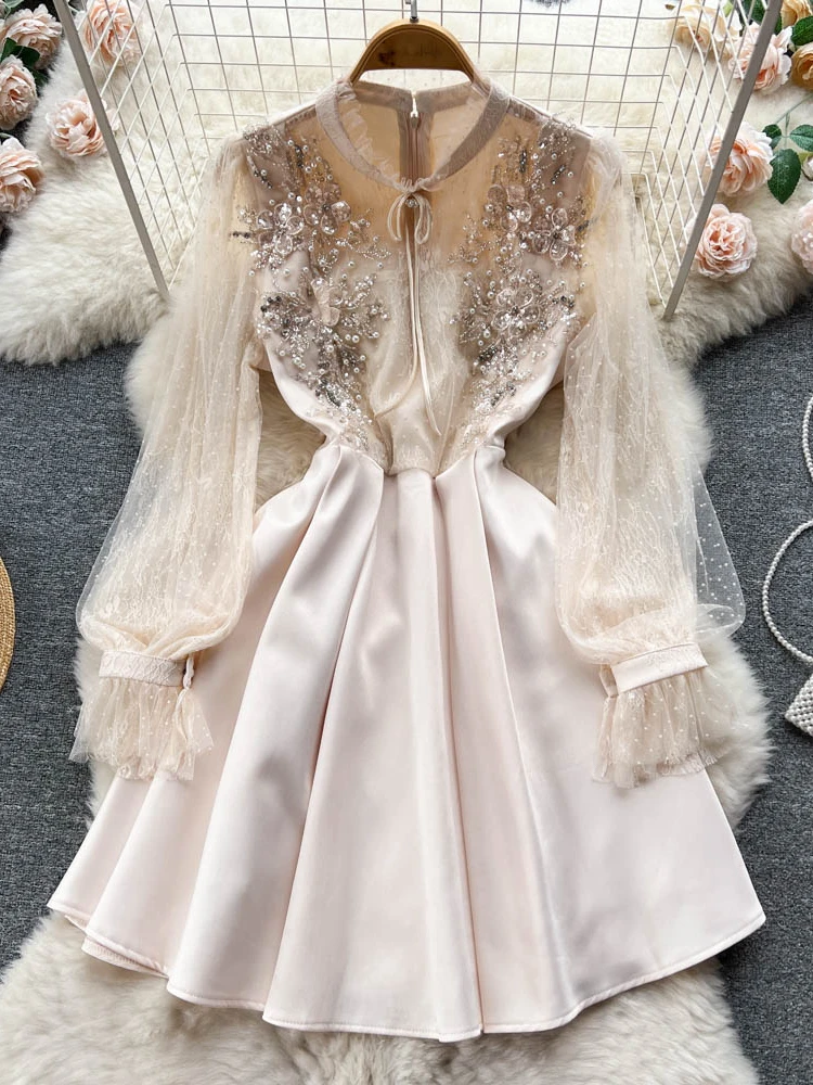 

Women Beaded Vintage Dress Fashion High Waist Patchwork Gauze Elegant Dresses Ladies A Line Spring Autumn Apricot Robe Vestidos