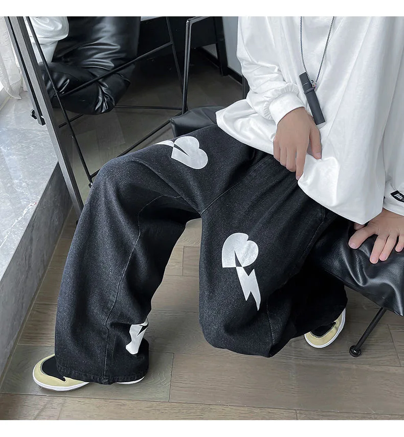 Fashion Jeans Men's Light Blue Love Print Design Sense American Hip-hop Trousers Loose Straight Leg High Street Men's Streetwear