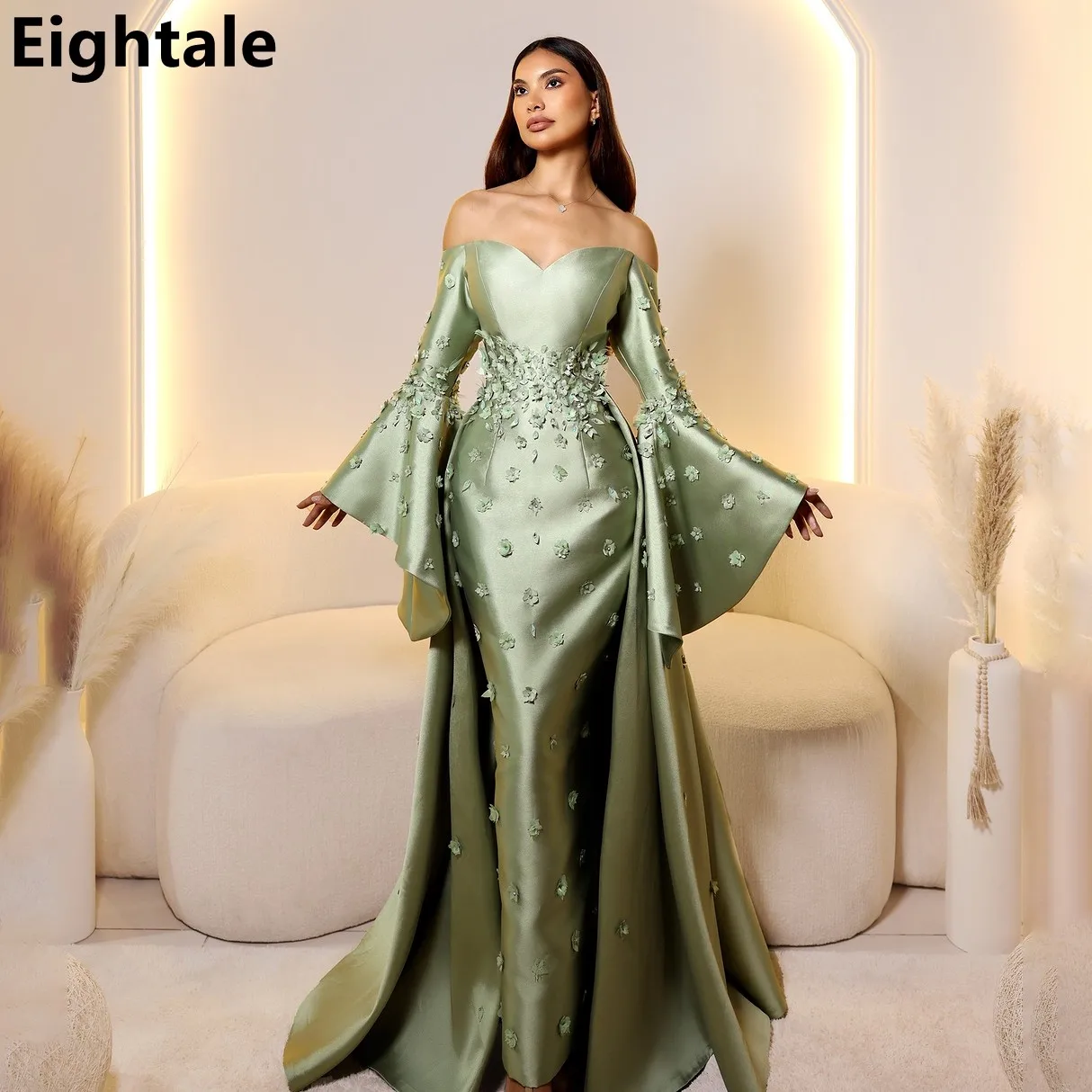 Eightale 2025 Sage Green атласное вечернее платье с открытыми плечами и длинными рукавами