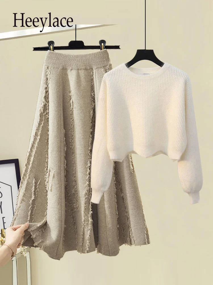 

Fall Winter Knitted 2 Piece Set For Women Long Sleeve Pullover Warm Sweater Top And Knitting Skirt Set Women Outfit Clothing