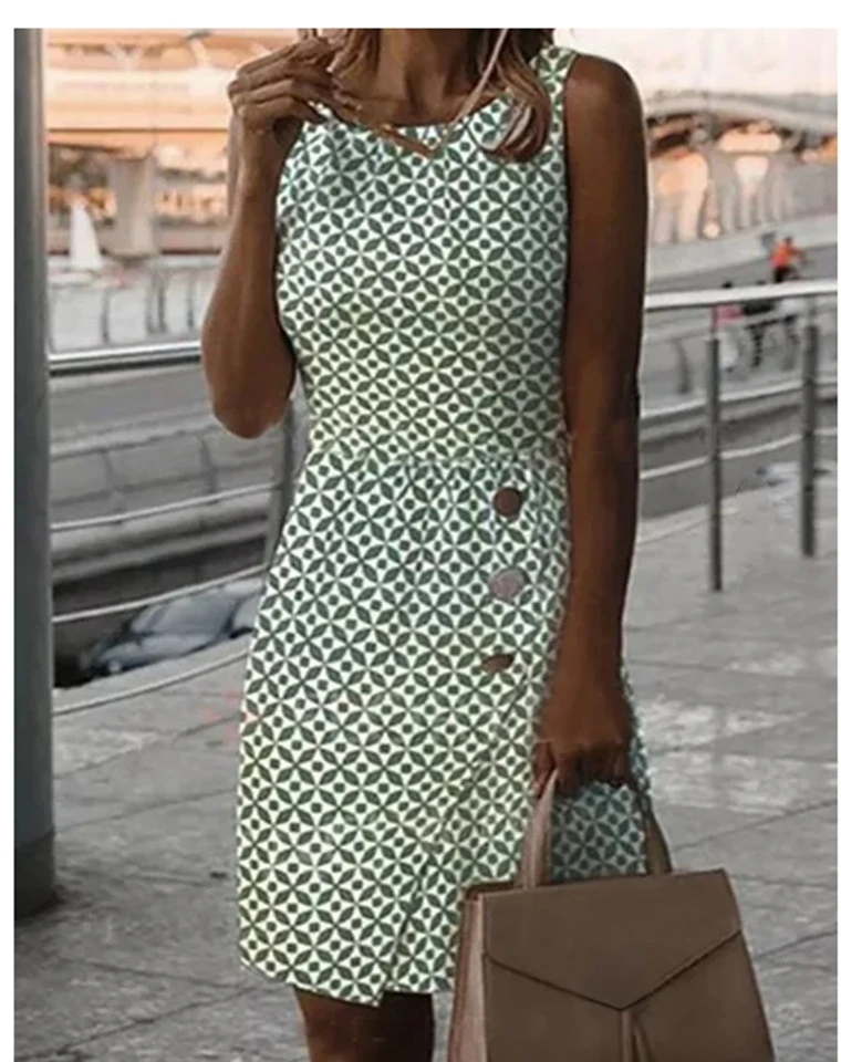 

Women's Sleeveless Printed Dress 2022 Summer New Fashion Waist Temperament Dress Green Button Casual Dresses