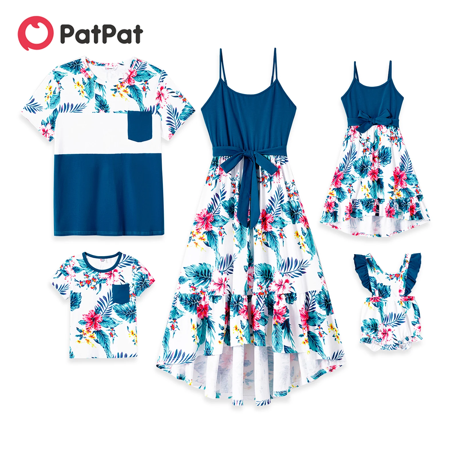 

PatPat Family Matching Outfits Cotton Solid Spliced Plant Print High Low Hem Belted Cami Dresses and Short-sleeve T-shirts Sets