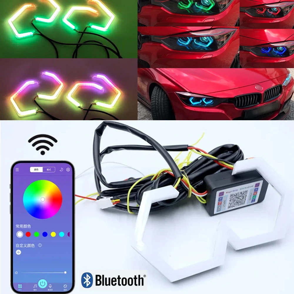 

2 шт. кольца ангельские глазки кольца RGB Желтый Янтарный сигнал поворота Bluetooth управление через приложение для автомобиля UTV мотоцикла DRL фара декоративная фотолампа
