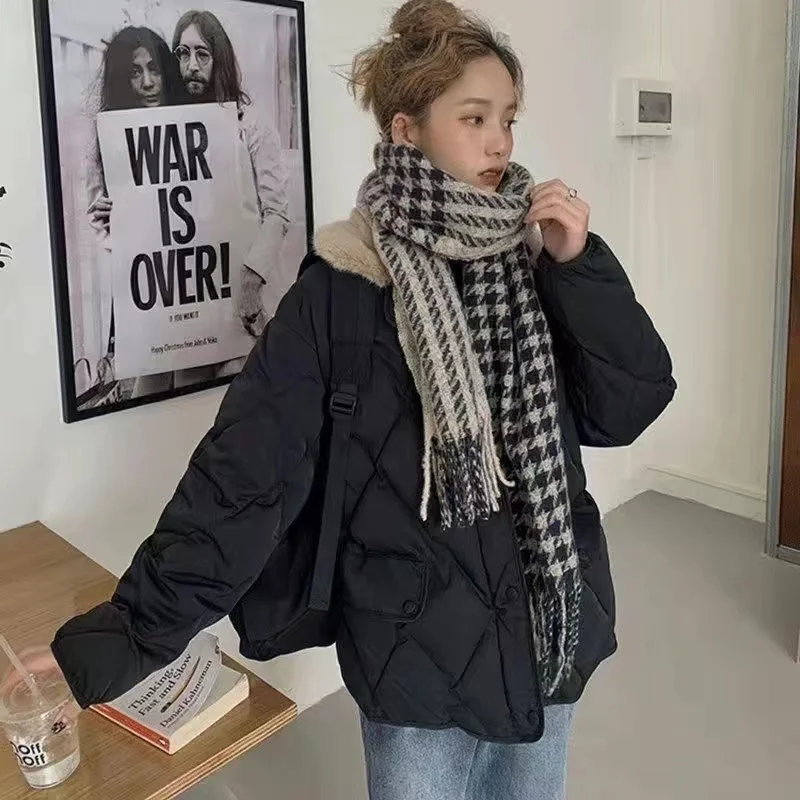 Down Cotton Short Jacket Women Winter Parkas Cotton-padded Clothes Loose Rhombus Quilted Coat Loose Tops Student Warm Outerwear