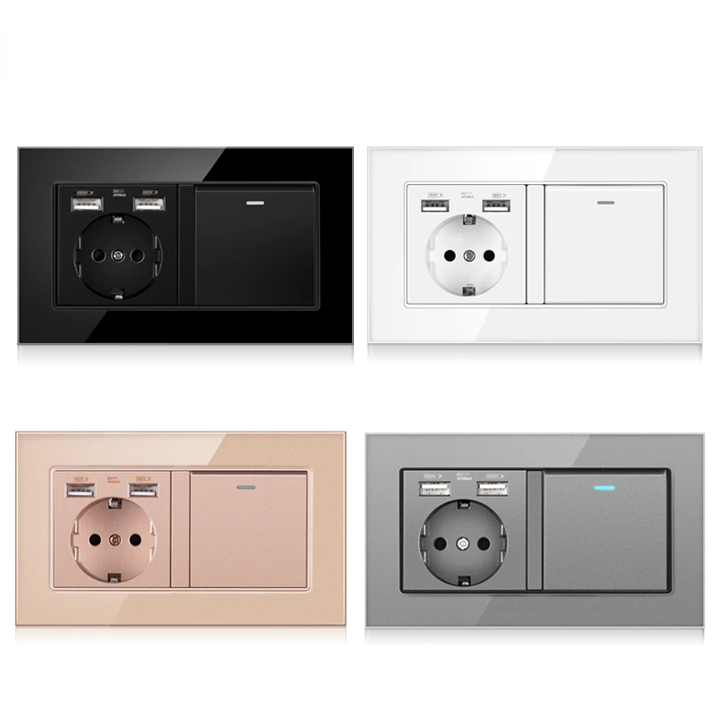 

EU wall socket with rocker switch, plug 220v 16A with usb crystal panel 146 * 86 with 1 1/2/3 way band light switch