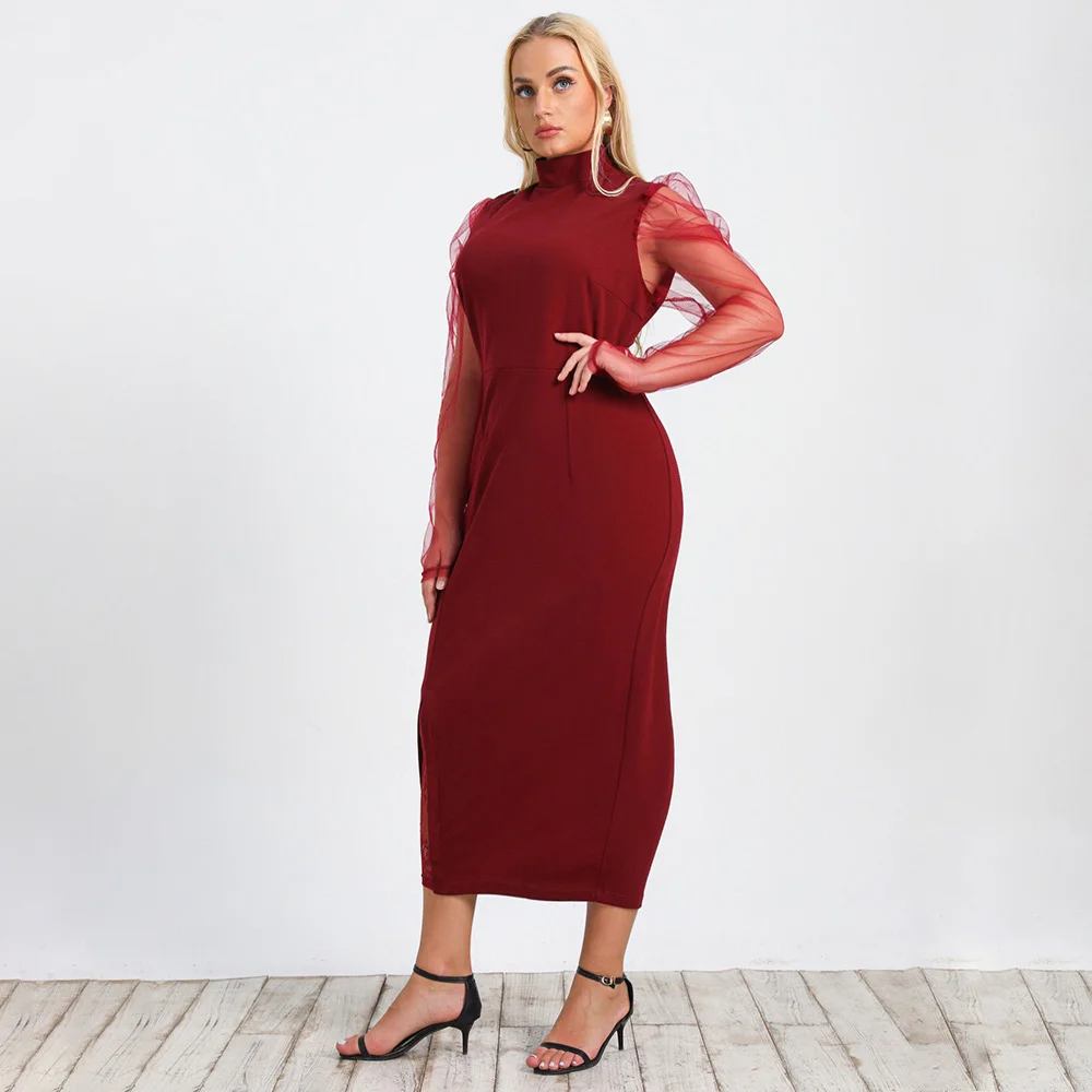 

Plus size neck One elegant step skirt round fashion temperament wrap hip wine red dress large women's wear