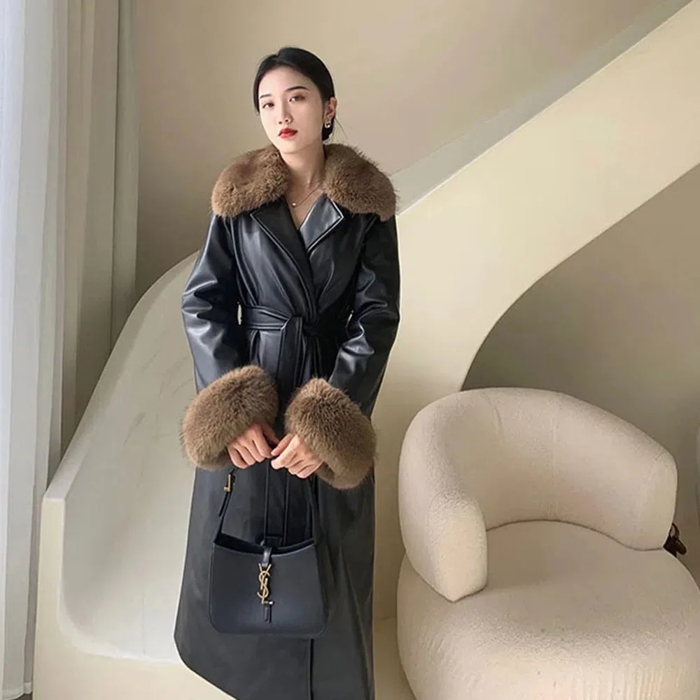 Winter 2022 New Fashion Retro Long Leather Jacket Women Slim Warm PU Leather Overcoats Lady Elegant Fur Collar Office Coats Tops