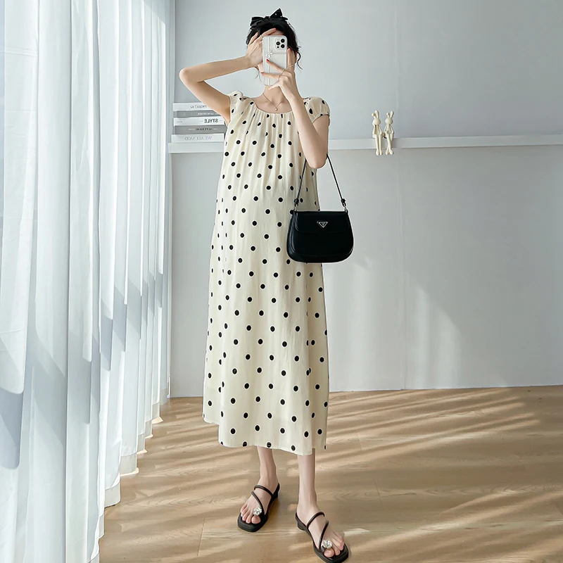 New Fashion Polka Dot Printed Chiffon Maternity Long Dress Loose Straight Clothes for Pregnant Women Pregnancy Grown