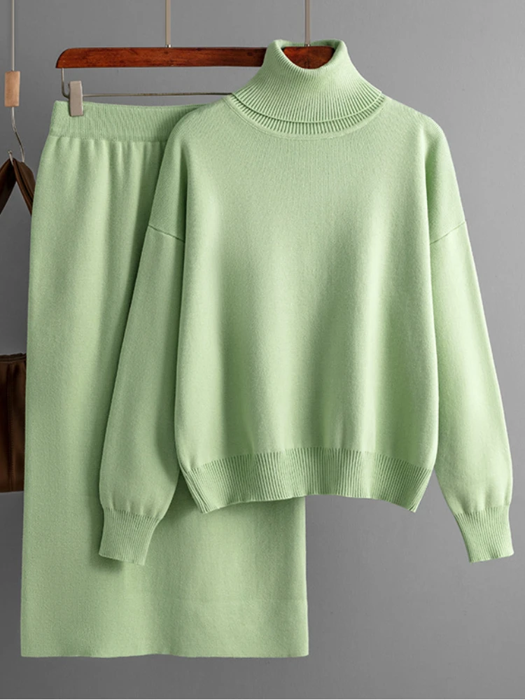 

Knitted Skirt Set for Women Fashion Winter Fall 2023 New Turtleneck Sweater Casual Midi Skirts Warm 2 Piece Sets Womens Outifits