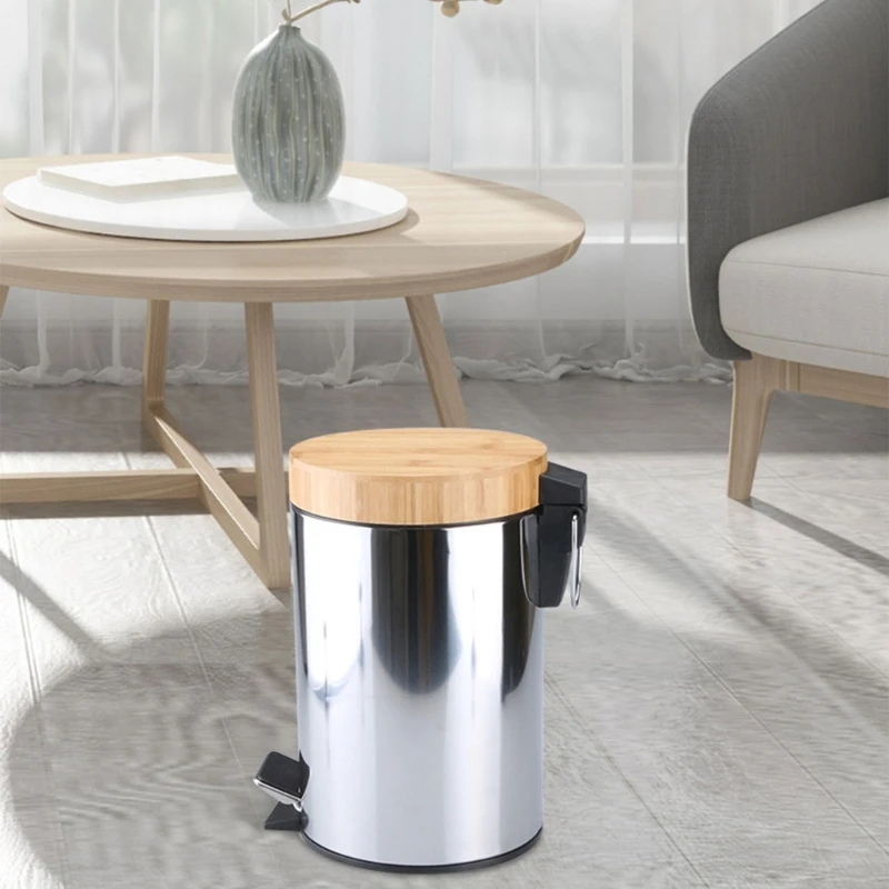 

Metal Trash Can with Lid Round Mirror Surface Silent Slow Lifting Multifunction