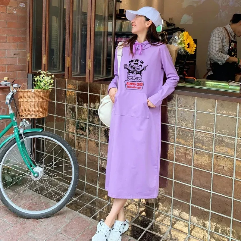 Spring Autumn Thin Printed Sweatshirt Dress Long Sleeve Pullover Hooded Loose-Fit Plus Size |