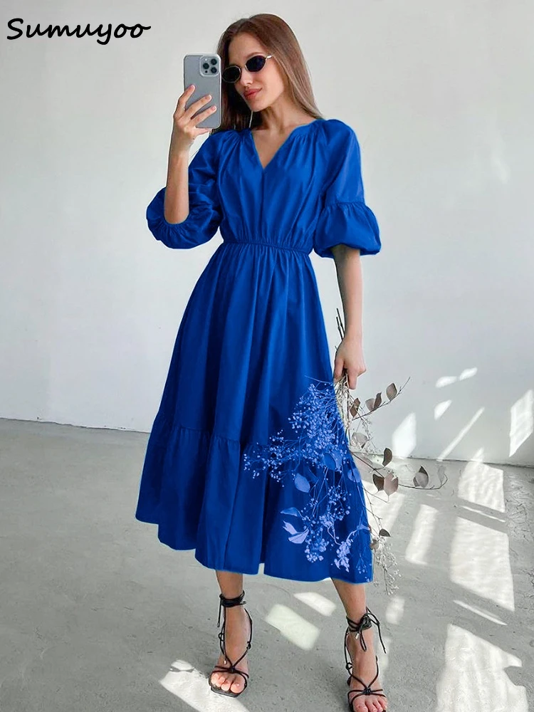 

Платье хлопковое длинное с рукавами-фонариками и V-образным вырезом