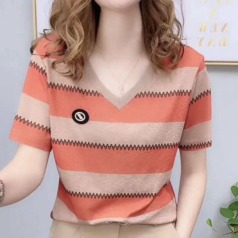 

Summer New Ice Silk Striped T Shirt Tops V Neck Short Sleeve Printing Loose Pullovers Casual Fashion Women Clothing