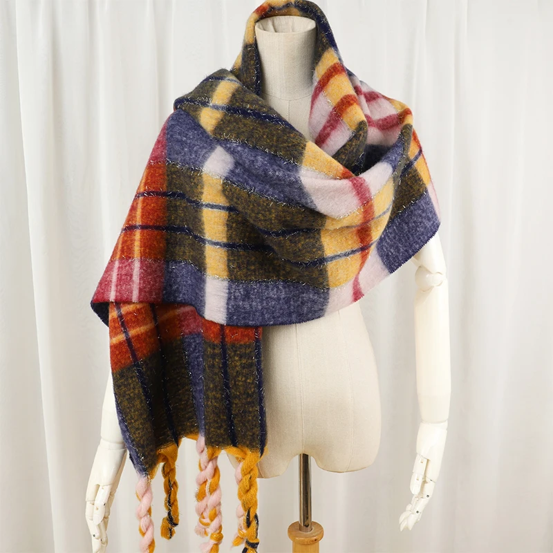 Модный женский кашемировый шарф в клетку, большая шаль, толстая зимняя теплая женская длинная бандана из пашмины, шарфы с кисточками, новинка 2023 Модный женский кашемировый шарф в клетку, большая шаль, толстая зимняя теплая женская длинная бандана из пашмины, шарфы с кисточками, новинка 2023