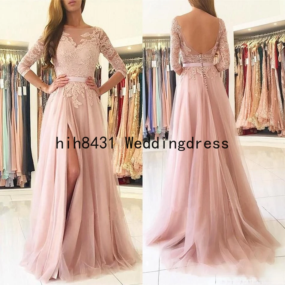 

Blush Pink Split Long Bridesmaids Dresses Sheer Neck 3/4 Long Sleeves Appliques Lace Maid of Honor Country Wedding Guest Gowns