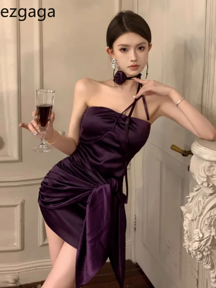 wa mini sukienki Ezgaga kobiety seksowna bez rękawów nieregularna elegancka szczupła satynowa sukienka na imprezę w stylu francuskim szykowna