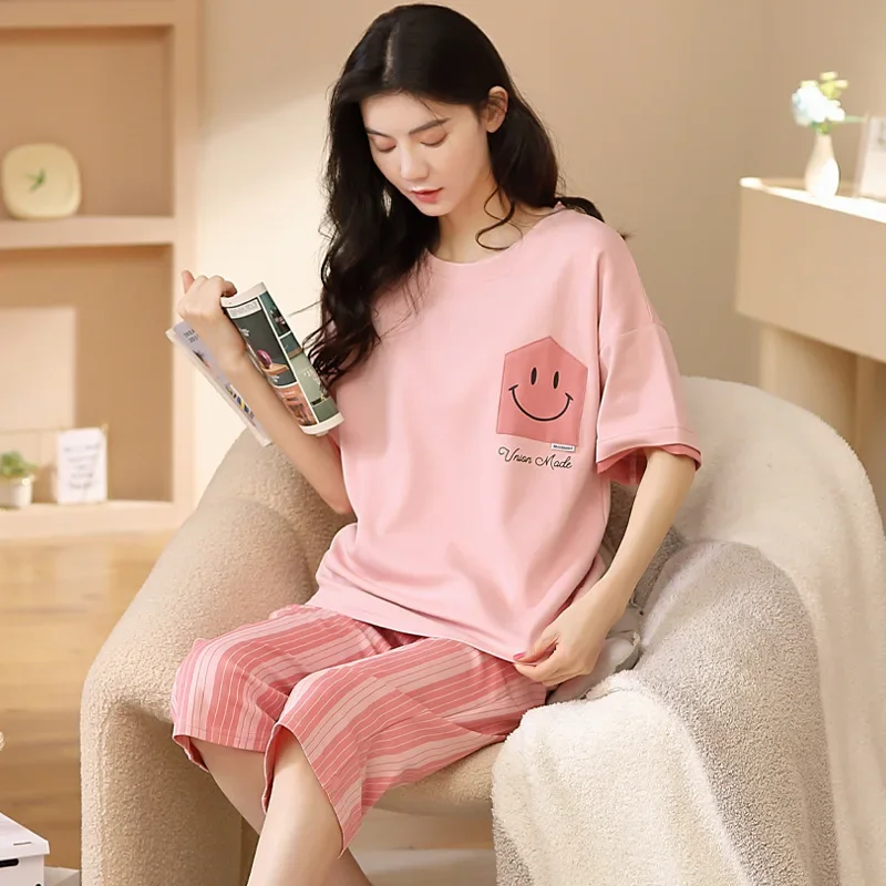 Милая женская летняя хлопковая одежда для сна комплект из 2 предметов милые брюки