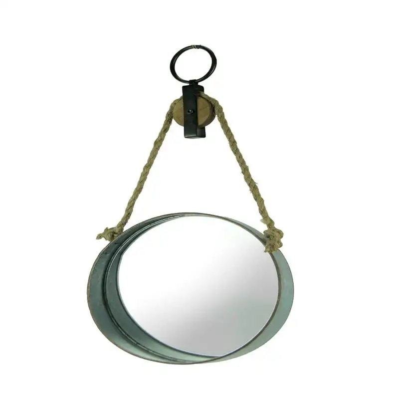 

Rustic Round Metal Barrel Ring On Farmhouse Rope Pulley Decorative Wall Mirror