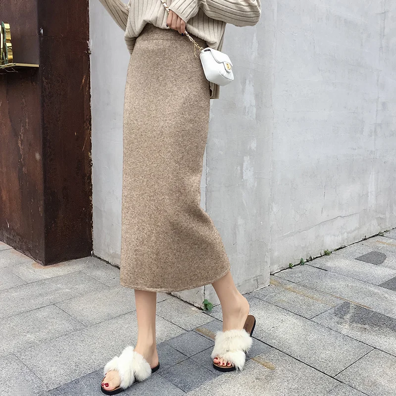 

Knitted Skirt Women Autumn Winter 2022 New Thicken Slim Split Bud One Step Long Warm Women Skirts Solid Knitwear Clothes I625