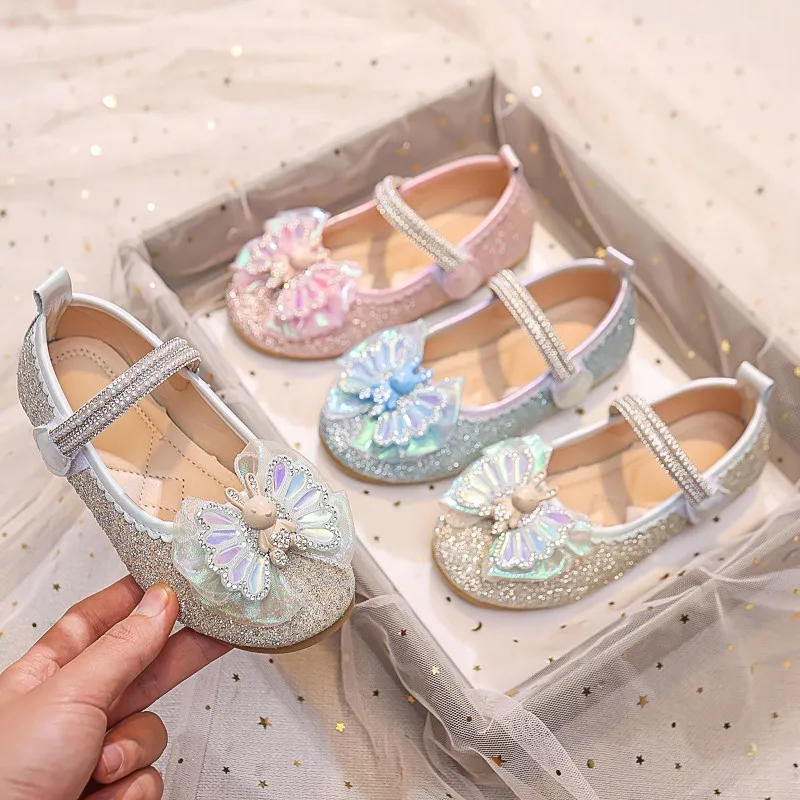 

Girls Leather Shoes for Party Wedding Kids Rhinestones Mary Janes Shoes Children Wing and Bunny Princess Shoes Bow-knot Lace