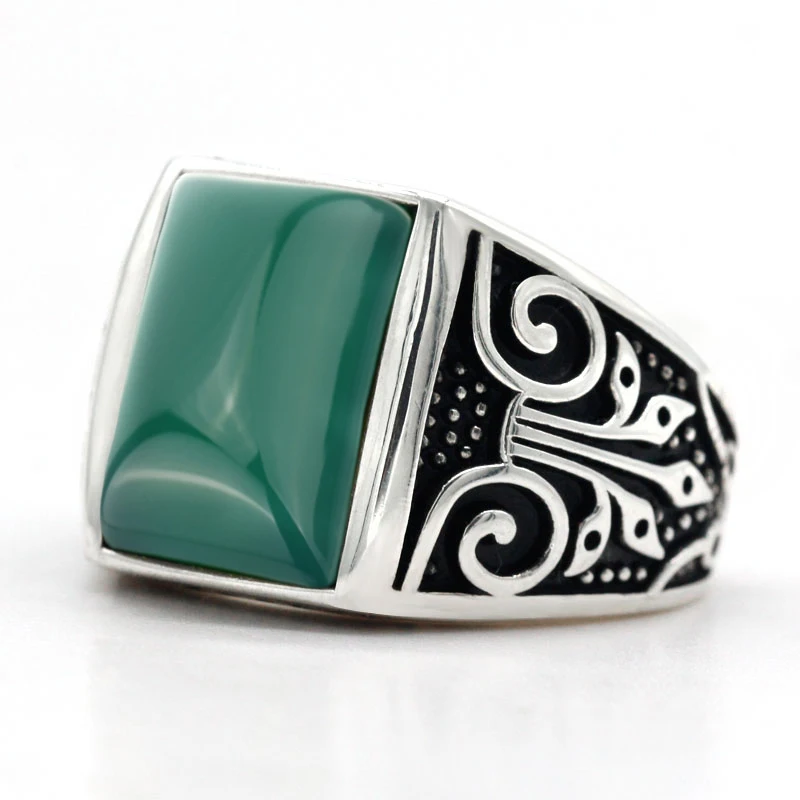 

925 Sterling Silver Men Ring with Natural Green Agate Stone Finger Ring Turkey Handmade Gemstone for Men Women Fine Jewelry