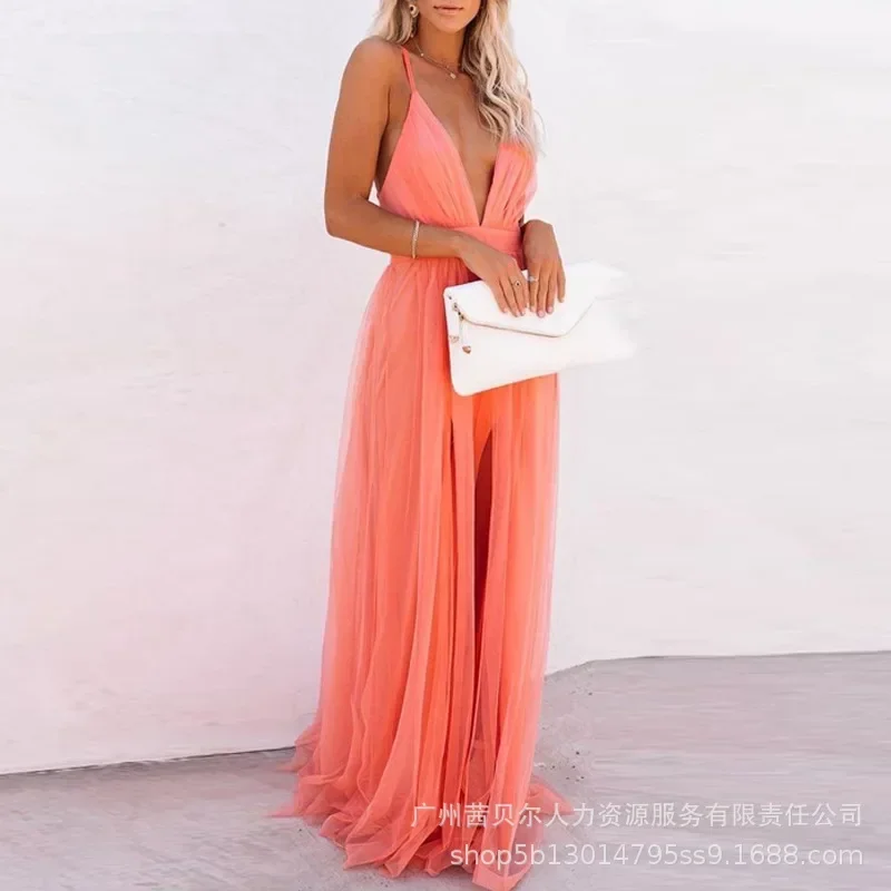 damska wieczorowa wysoka talia długość do podłogi seksowna sukienka pomarańczowa bez rękawów z gazy długa