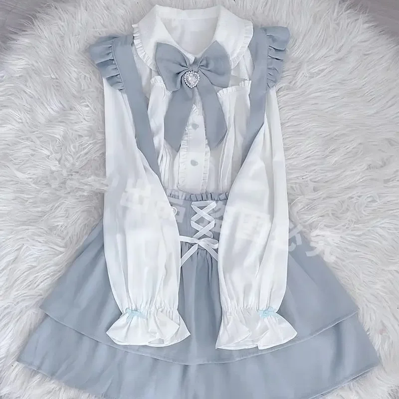 Японское бандажное плиссированное платье-бретелька + однобортная рубашка Лолиты