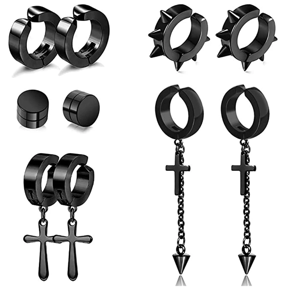

5Pair Stainless Steel Non-Piercing Spike Rivet Cross Dangle Tassel Clip on Hoop Earring Fake Ear Clip Magnetic Stud Earrings Set