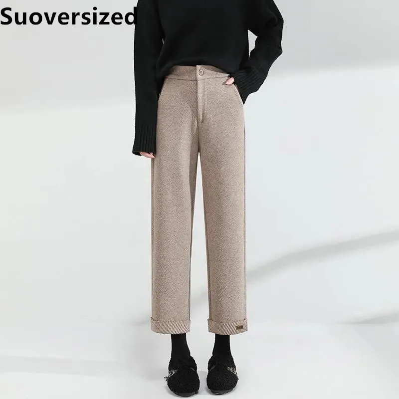 

Women Wool Blend High Waisted Straight Pants Fall Winter Wide-leg Pantalon Oversized 4xl Korean Casual Loose Streetwear Trousers