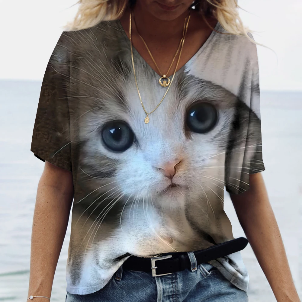 

Summer Women T Shirt 3D Cat Print Short Sleeve Top Casual Fashion Tees Animal V neck Female Harajuku Shirt Oversized Y2k Clothes