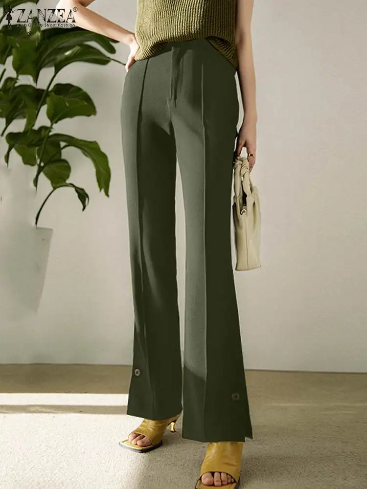 

2022 ZANZEA Fashion Women High Waist Long Flare Pants Autumn Elegant OL Work Trousers Solid Casual Split Hem Pantalon Palazzo