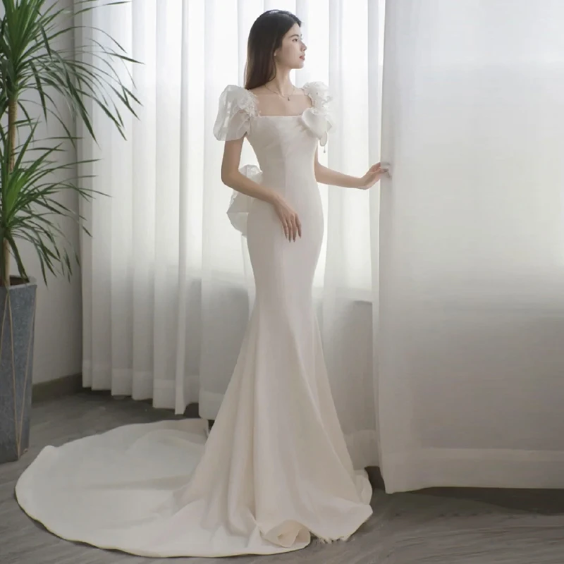 

Женское атласное платье-Русалка, классическое платье с пышными рукавами и молнией сзади, легкое свадебное платье, роскошный пошив на заказ