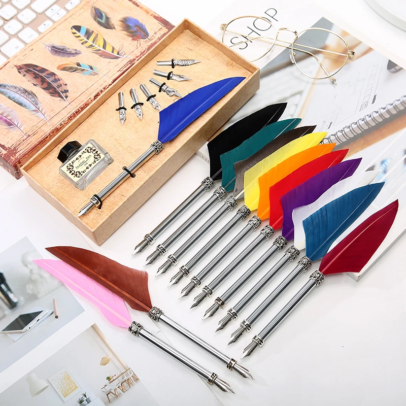 

English Calligrap Feather Pen Set Vintage Advertising Gift ink Pen Dip Water Metal Fountain Pen Set Birthday Gift Box 6 Nibs
