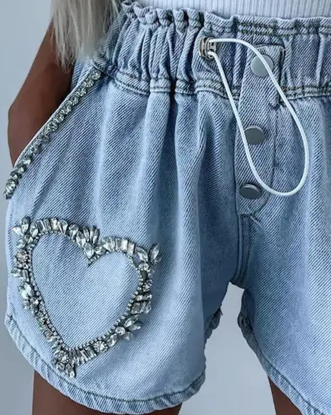 Women's Denim Shorts 2023 Summer Fashion Rhinestone Heart Pattern Drawstring Plain Casual Pocket Design Denim Shorts Streetwear